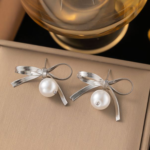 Fashionable Stainless Bow Pearl Earrings For Women, Niche And Versatile, Titanium Steel Heart Earrings, Elegant Ear_ipsvogv.com
