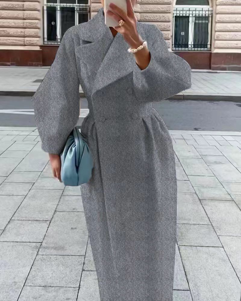 Women's woolen coat intellectual wind pocket lapel winter new solid color lantern sleeve female coat_ipsvogv.com