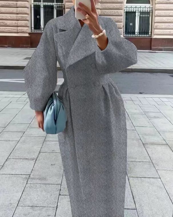 Women's woolen coat intellectual wind pocket lapel winter new solid color lantern sleeve female coat_ipsvogv.com