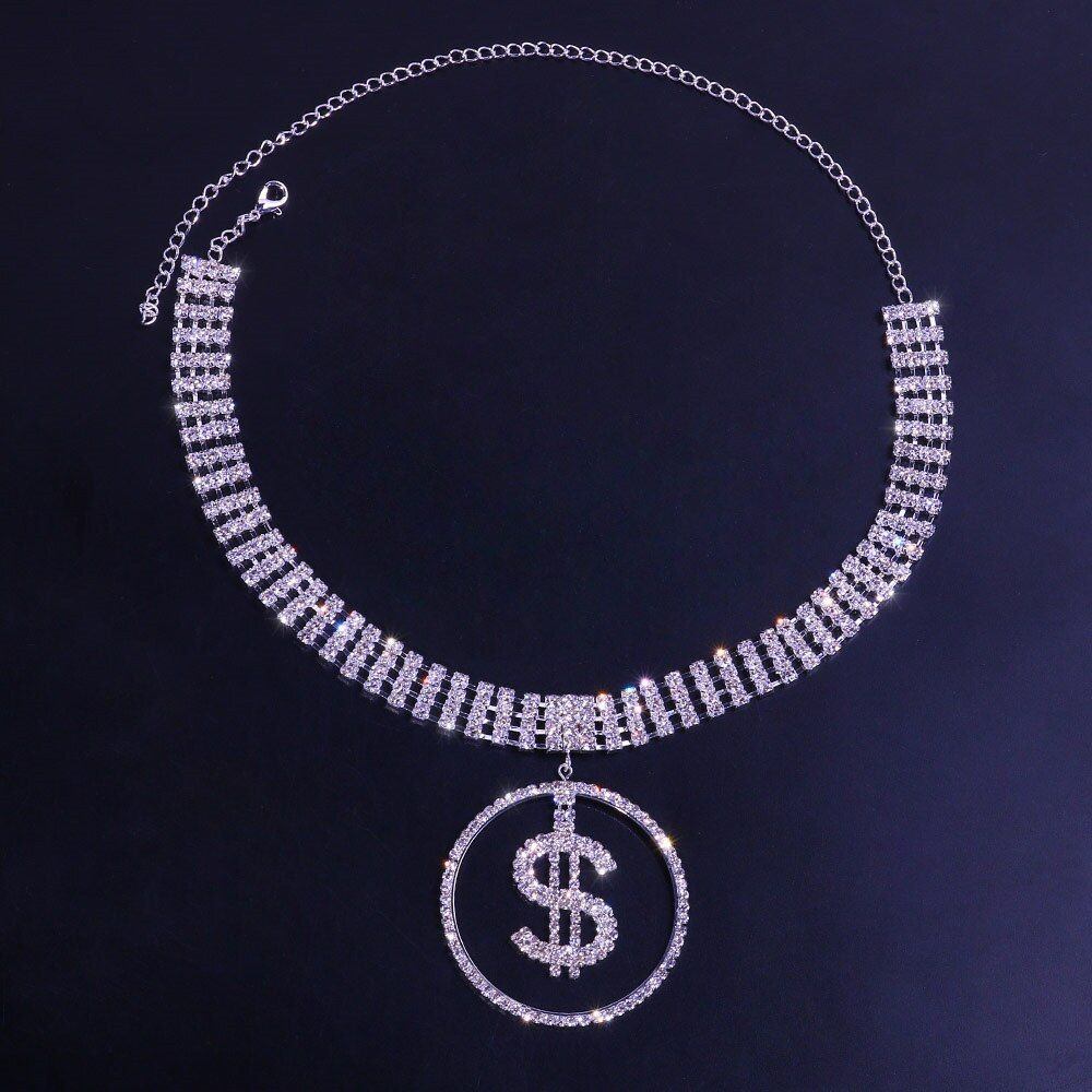 Exaggerated Diamond-encrusted Dollar Necklace Women Sexy Coin Multi-row Pendant Necklace choker_ipsvogv.com