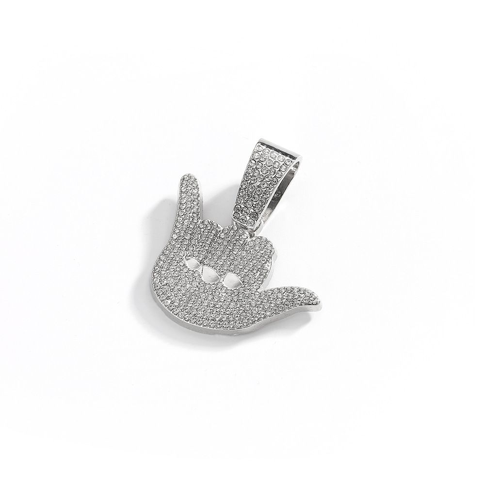 Alloy Full Diamond Lucky Gesture Pendant Personalized Male Hip Hop Cuban Chain Texture Finger Necklace_ipsvogv.com