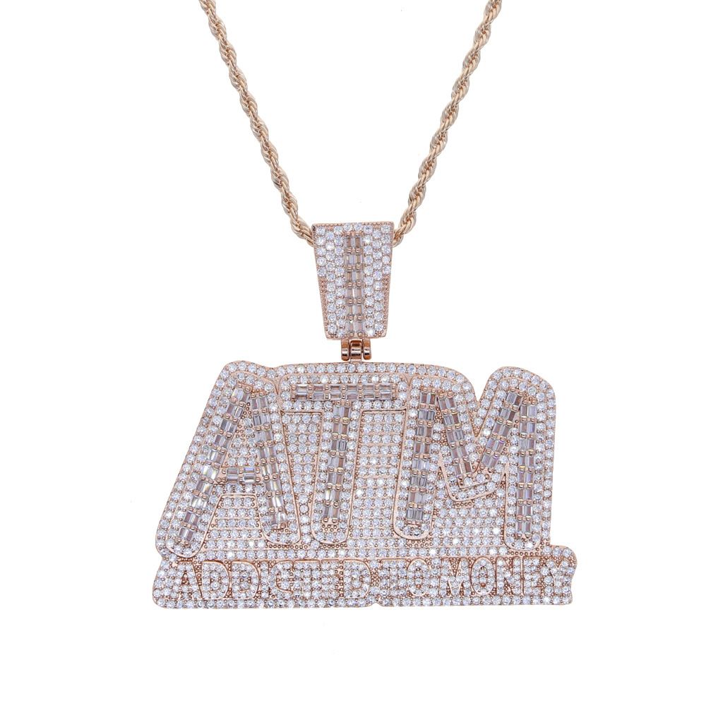 Men's Hip Hop ATM Pendant Necklace With Zircon Stones - 15mm Cuban Link Chain In Gold, Rose Gold & Silver (60cm Length)_ipsvogv.com