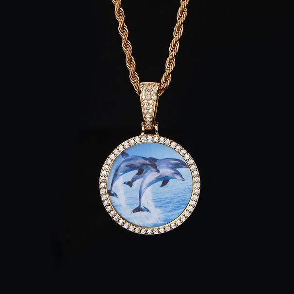 Chain Necklaces Hip hop trumpet round photo pendant micro-inset Zircon Trend hiphop photo frame men's necklace_ipsvogv.com
