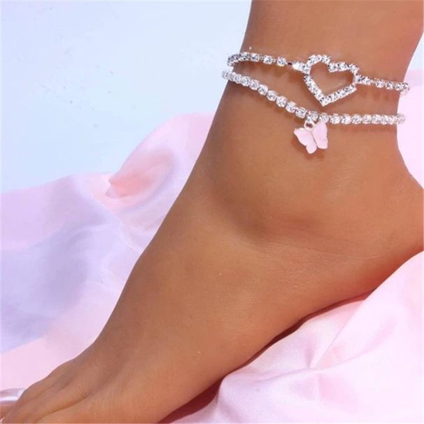 Explosions Rhinestone Butterfly Love Anklet Set Fashion Beach Trend Single Row Alloy Anklet_ipsvogv.com