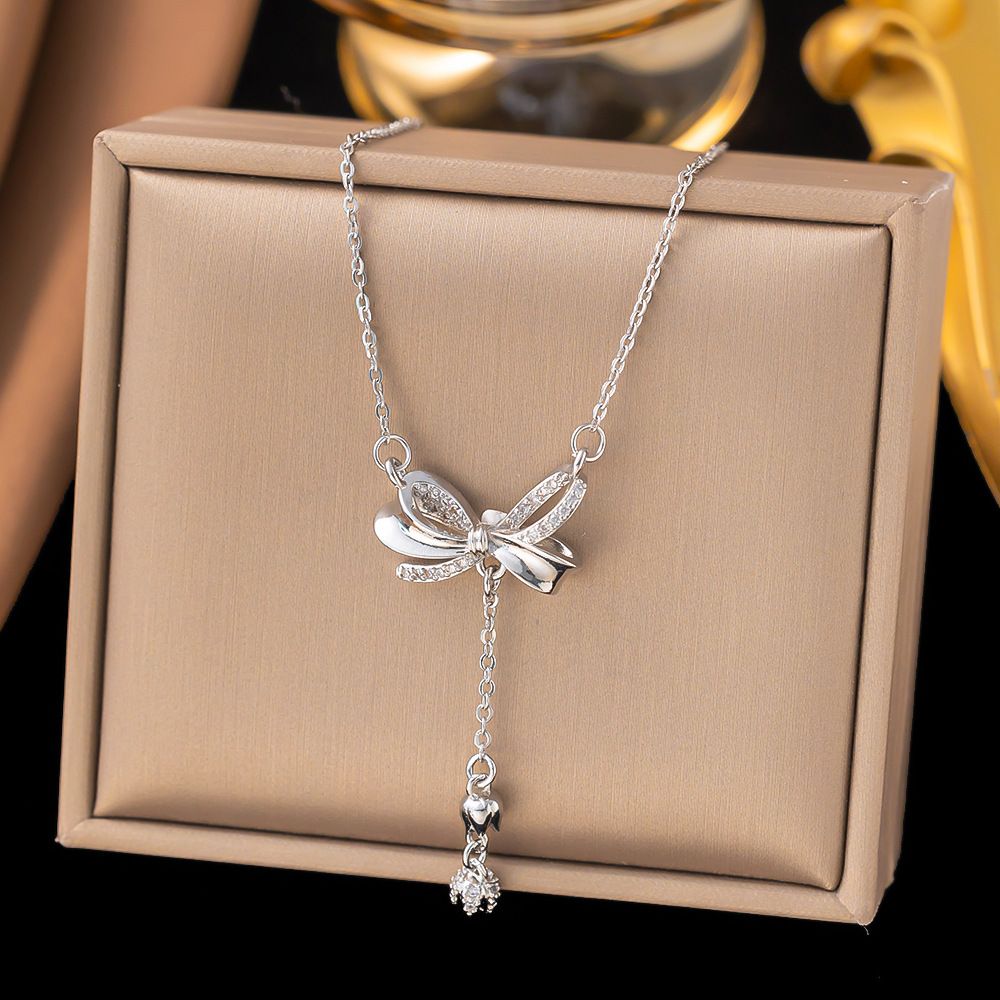 Titanium Steel Tassel Bow Necklace Women's Luxury Simple Advanced Versatile Lily Of The Valley Pendant Kwai_ipsvogv.com