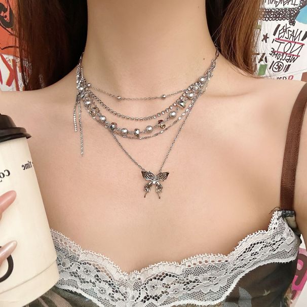 Sweet Versatile Tassel Double Layered Butterfly Necklace, New Niche Design, Fashionable And Luxurious Style Necklace_ipsvogv.com