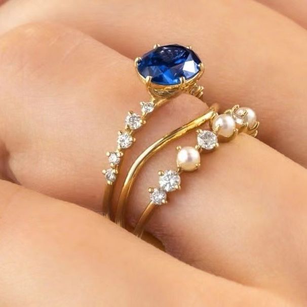 Sanjie Ins Wind Internet Red Gold Three Piece Simple Fashion Inlaid Blue Zircon Set Ring For Women_ipsvogv.com