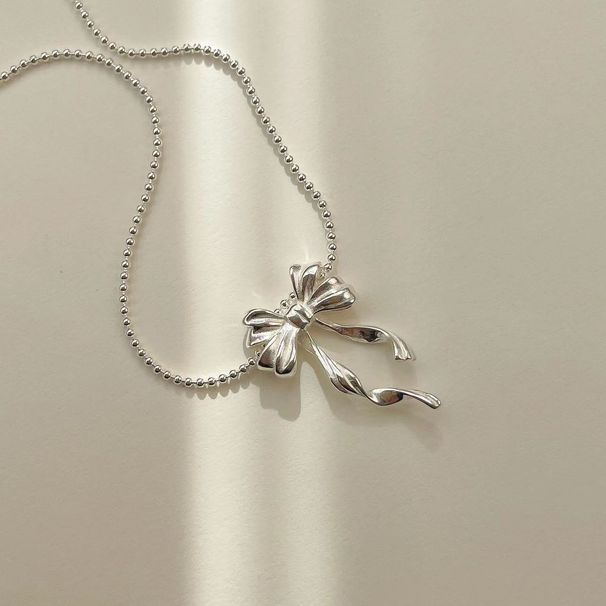 Saiyna Korean Style S Silver Geometric Dynamic Ribbon Double Layer Bowknot Necklace Minimalist Round Bead Choker Chain_ipsvogv.com