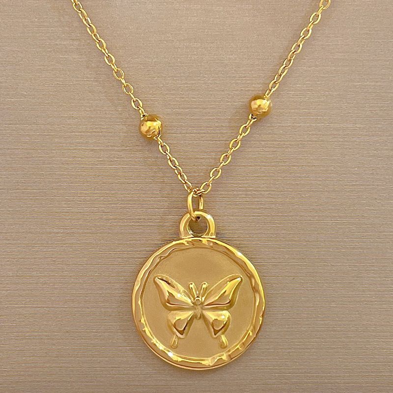 【 Full Body Titanium Steel 】 Round Butterfly Extremely Simple Wind Furnace Genuine Gold Necklace For Female Ins Mesh Red_ipsvogv.com