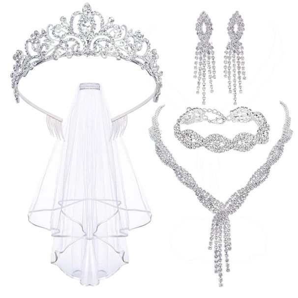 New bride's new diamond crown wedding veil tassel earrings necklace diamond bracelet five piece jewelry set for women_ipsvogv.com