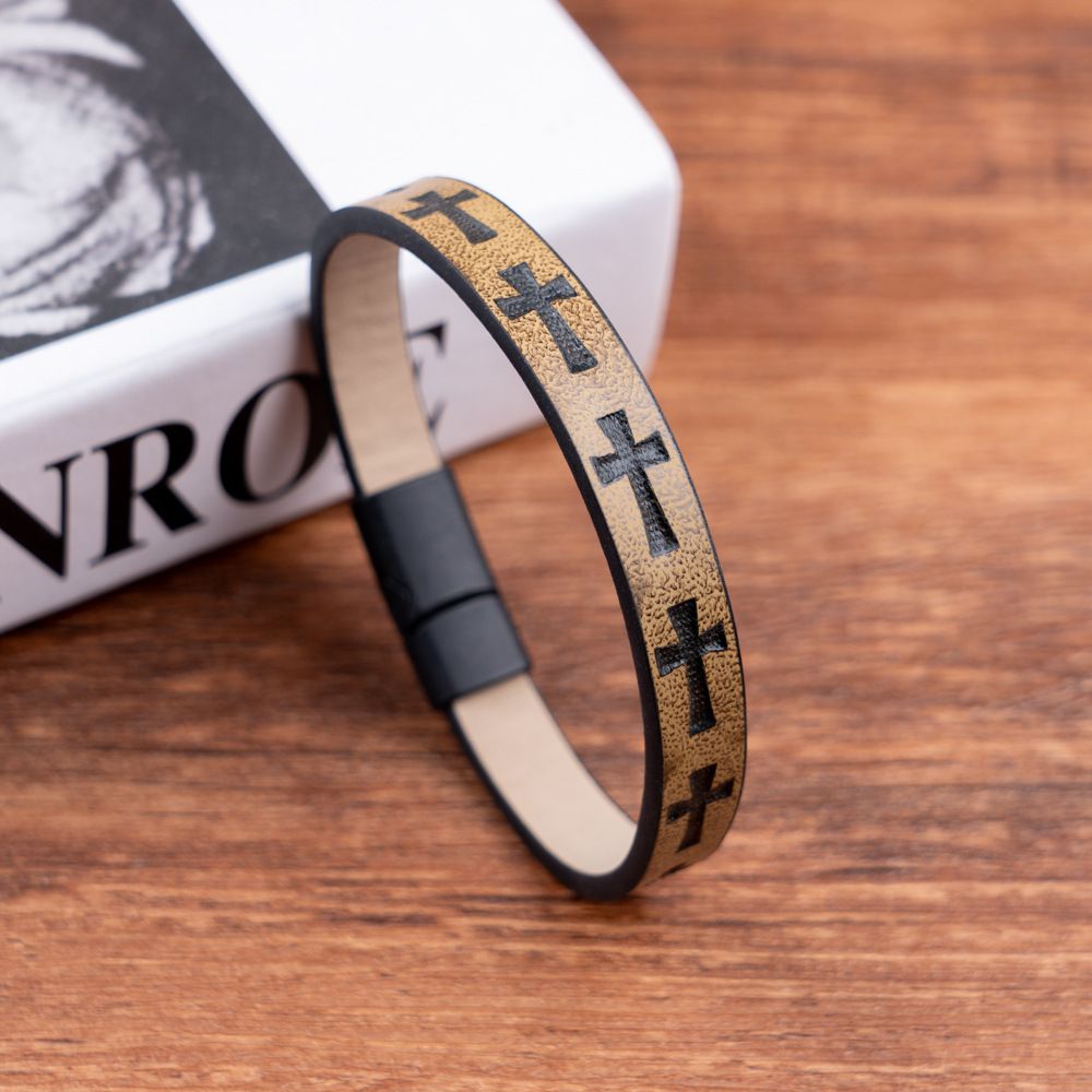 Men's Simple Cross PU Leather Bracelet Personality Bangle Magnetic Clasp Wristband Jewelry_ipsvogv.com