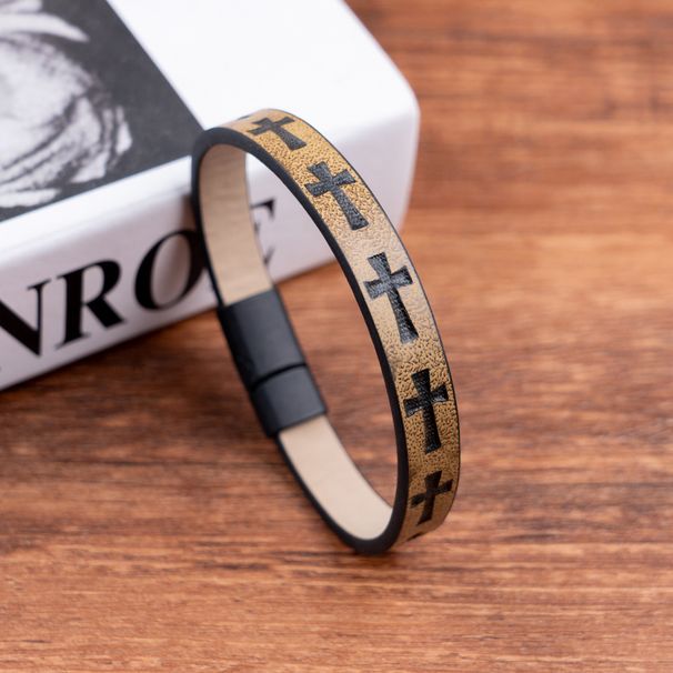 Men's Simple Cross PU Leather Bracelet Personality Bangle Magnetic Clasp Wristband Jewelry_ipsvogv.com