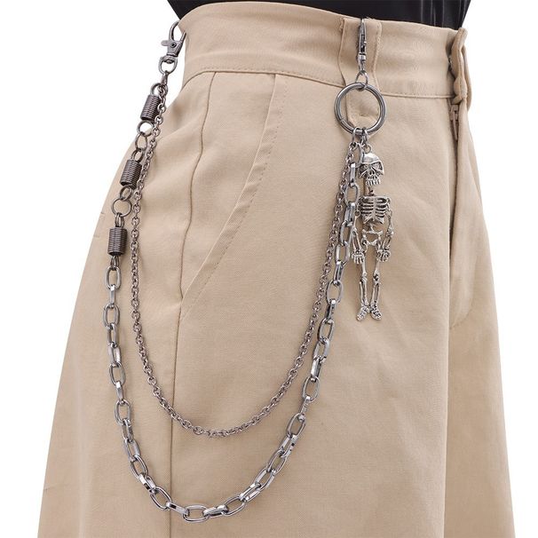 Gunmetal Black Double-Layer Chain With Skull Pendant - Punk Hip-Hop Gothic Belt Chain For Men & Women_ipsvogv.com