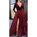 Women's Clothing wine red deep V sexy dress long sleeve slit dress big swing skirt bridesmaid dress_ipsvogv.com