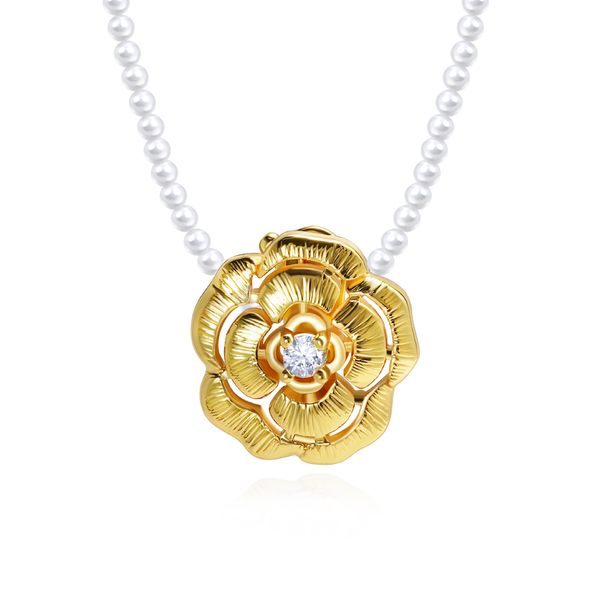 Women's Jewelry French Style Small Fragrance Style Fashion Retro Metal Brushed Surface Diamond Camellia Detachable Pearl Necklace_ipsvogv.com