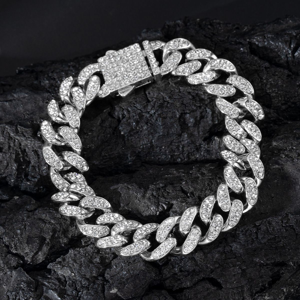 Hip Hop 13mm Spring Clasp Cuban Bracelet Alloy Full Diamond Thick Style Unisex Jewelry_ipsvogv.com