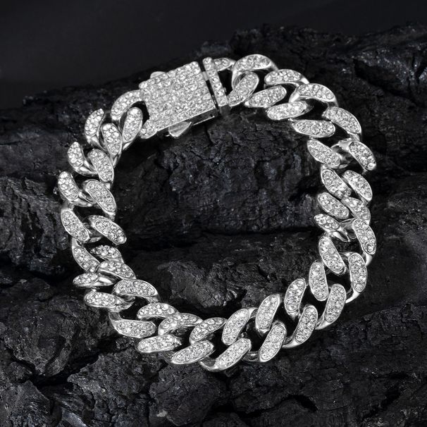 Hip Hop 13mm Spring Clasp Cuban Bracelet Alloy Full Diamond Thick Style Unisex Jewelry_ipsvogv.com