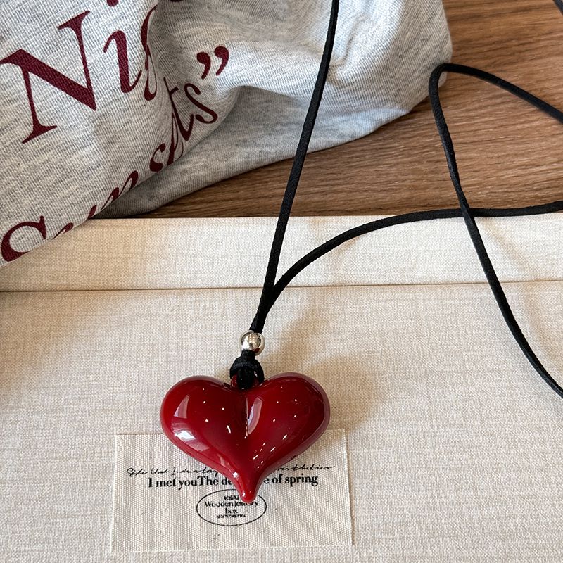 Ancora Red Bowknot Heart Necklace For Women High-end Long Black Rope Choker Accessory Niche Design Sweater Chain_ipsvogv.com