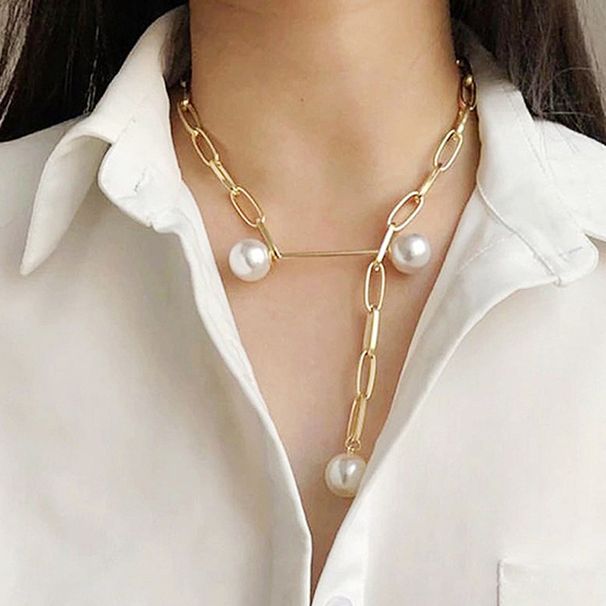 Simple hollow rectangular with adjustable pearl brooch women's necklace collarbone chain F2560_ipsvogv.com