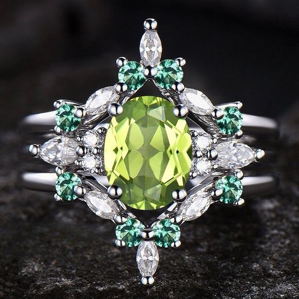 Yiwu Sanjie New Women's Three Piece Set Ring With Olive Green Zircon Set, Wedding And Engagement Jewelry_ipsvogv.com