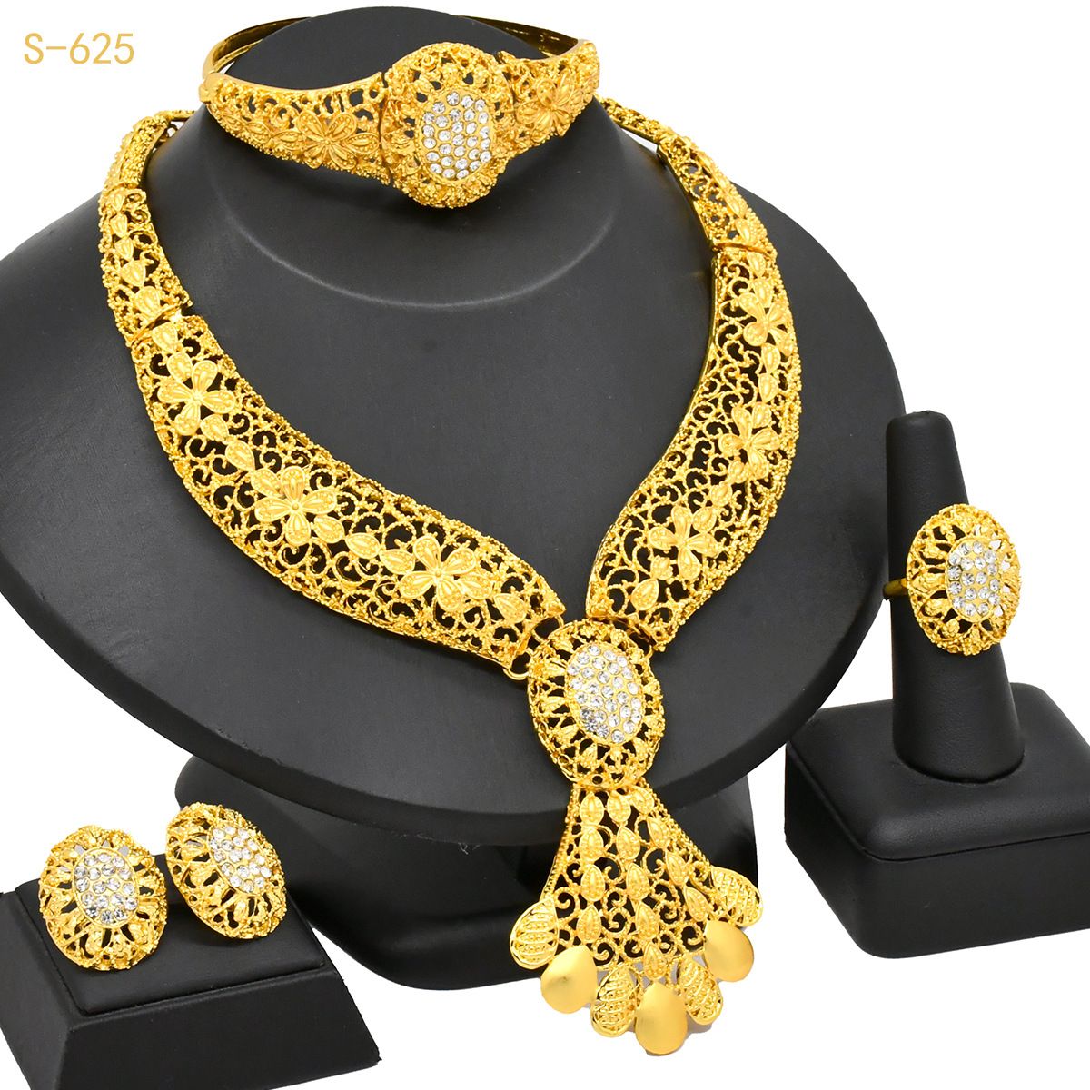 Gold-plated Jewelry Wer Exaggerated Long Necklace Ring Bracelet Earrings 4-piece Set_ipsvogv.com
