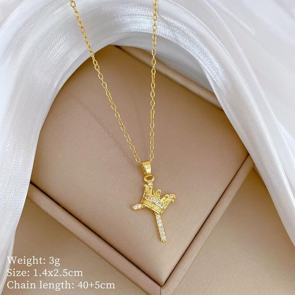 Gold Color Shiny Zircon Crown Cross Pendant Necklace for Women Fashion Sweet Girls Party Choker Jewelry_ipsvogv.com