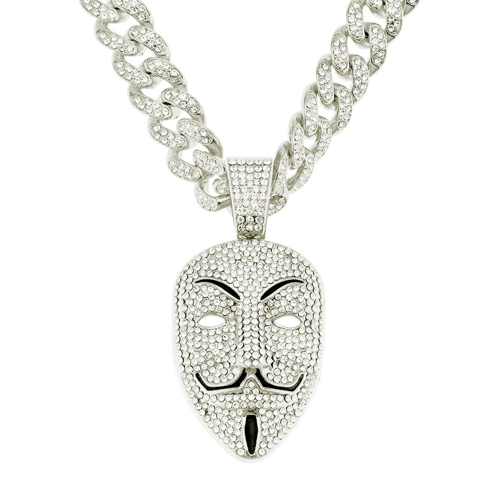 Ins domineering three-dimensional full diamond exaggerated mask pendant necklace nightclub bouncy cool Cuban chain_ipsvogv.com