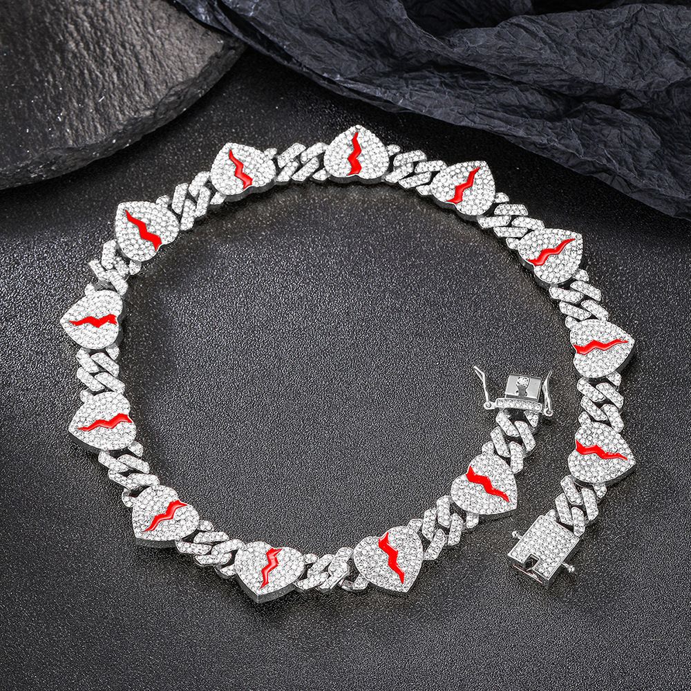 Personalized new love Cuban chain alloy diamond accessories red crack niche hip hop accessories_ipsvogv.com