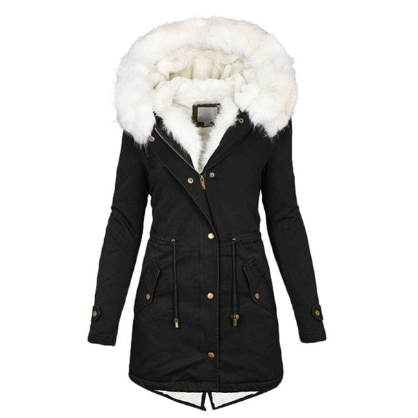 Women's Clothing Women's Autumn And Winter Mid Length Windbreaker White Fur Collar Hooded Warm Plus Velvet Women's Coat_ipsvogv.com