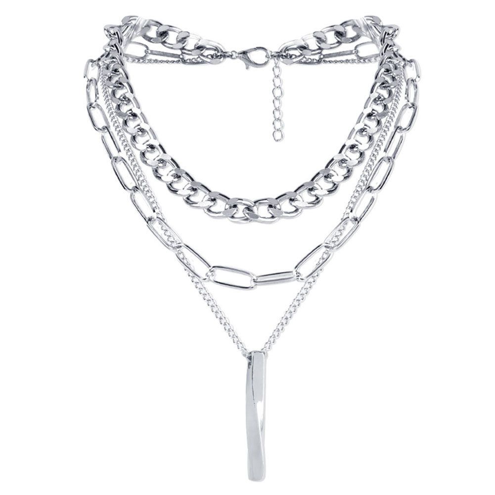 Exaggerated Silver Cuban Chain Alloy Pendant Multi Layer Necklace Hip Hop Dark Style Necklace_ipsvogv.com