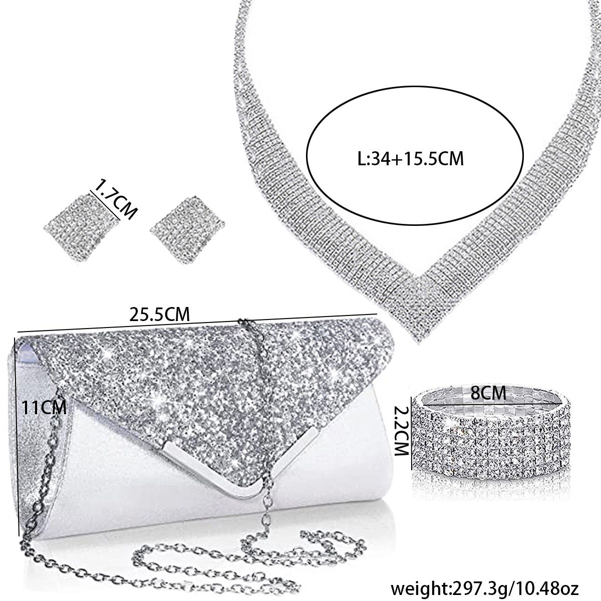 Luxurious atmosphere super flash geometric full diamond collar set multi row diamond necklace earrings bracelet versatile evening bag_ipsvogv.com