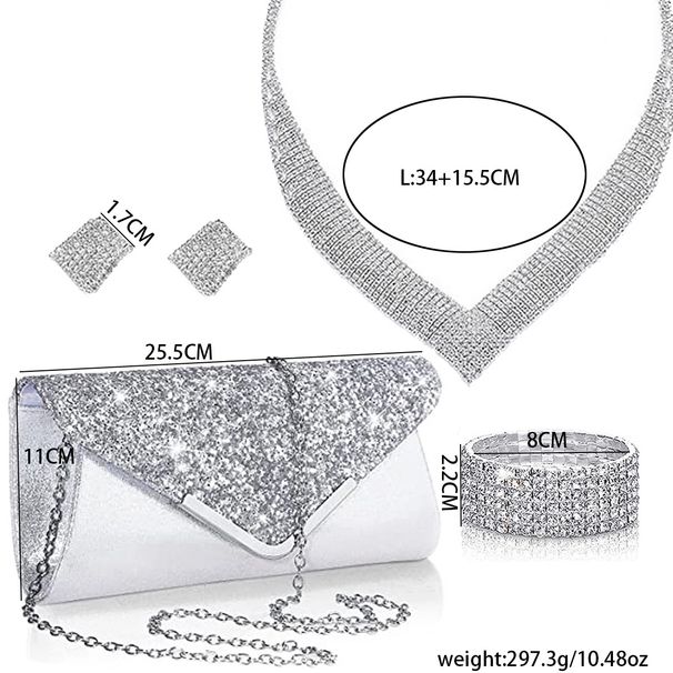 Luxurious atmosphere super flash geometric full diamond collar set multi row diamond necklace earrings bracelet versatile evening bag_ipsvogv.com