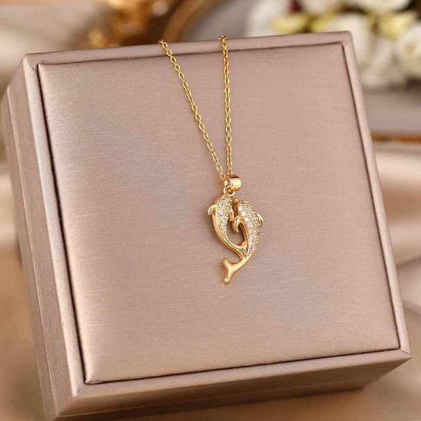 micro Inlaid Dolphin Love Pendant Titanium Steel Necklace Women's Simple Personality Net Red Collar Chain Jewelry_ipsvogv.com