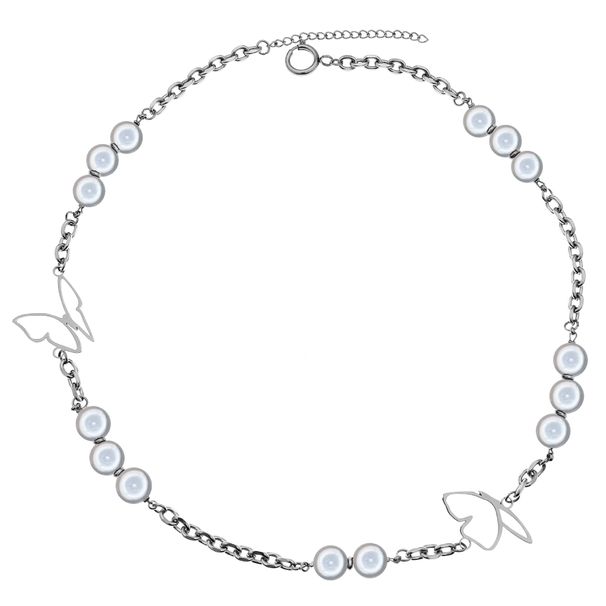 Personality Simple Sweater Necklace Men And Women Short Choker Reflective Pearl Butterfly Necklace_ipsvogv.com