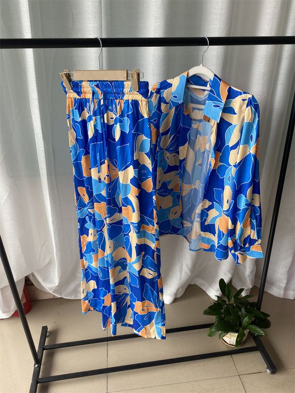 Women's Clothing new fashion printed bubble long-sleeved shirt lace-up wide-leg pants two-piece suit_ipsvogv.com