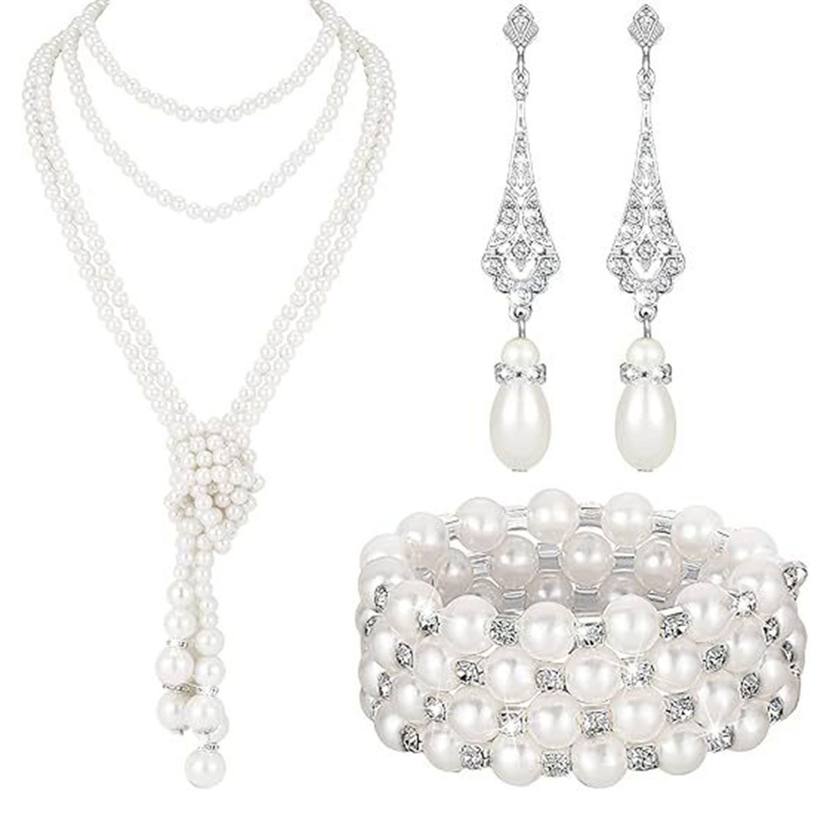 Fashion Three Piece Long Necklace Earrings High-end Pearl Bracelet Elegant Temperament Set_ipsvogv.com