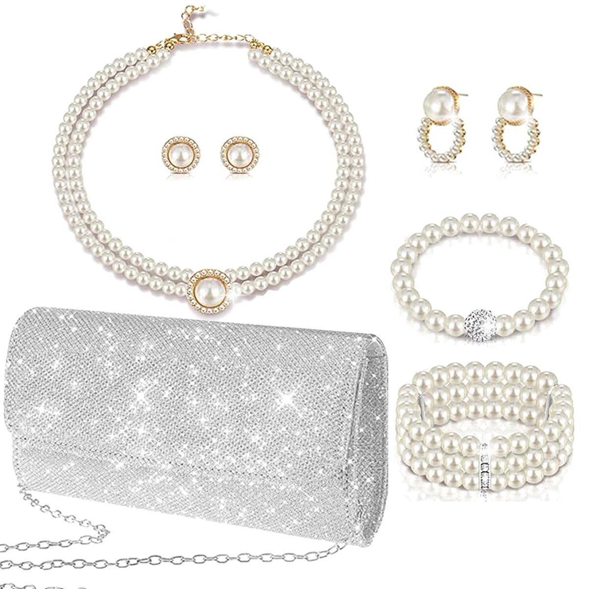 Fashion bride diamond evening bag elastic bracelet set pearl geometric six piece jewelry_ipsvogv.com