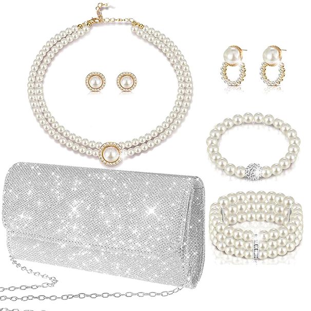 Fashion bride diamond evening bag elastic bracelet set pearl geometric six piece jewelry_ipsvogv.com