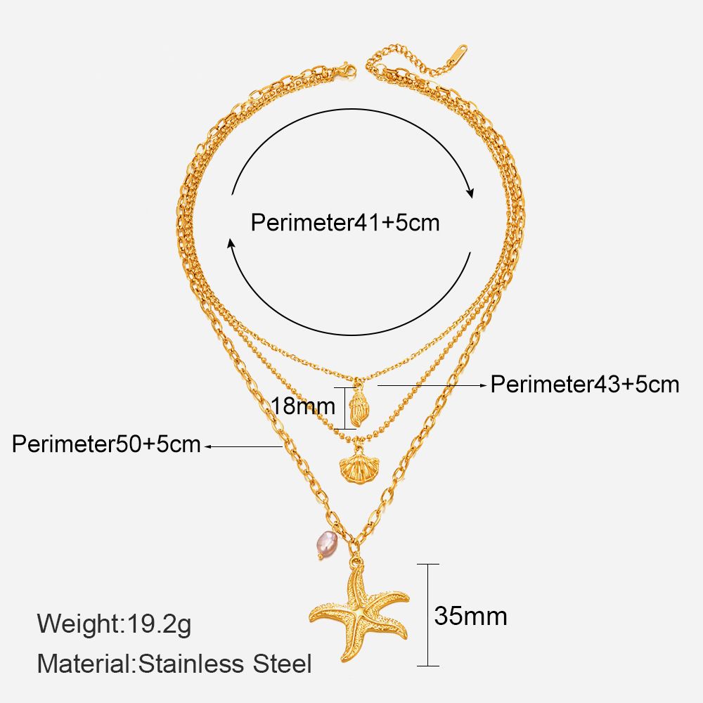 Three-Layer Pearl & Starfish Pendant Necklace - Retro Shell Design Stainless Steel Chain For Women_ipsvogv.com