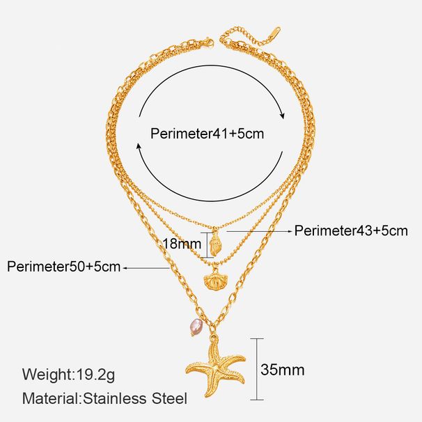 Three-Layer Pearl & Starfish Pendant Necklace - Retro Shell Design Stainless Steel Chain For Women_ipsvogv.com