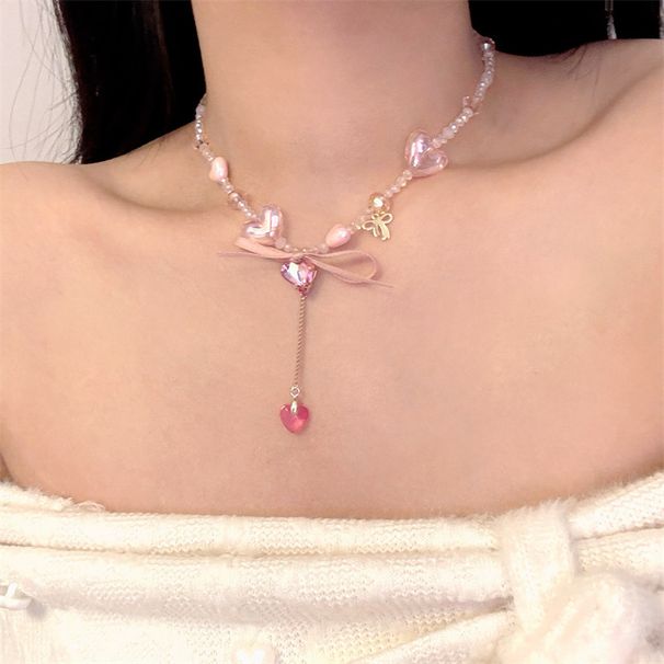 Sweet Pink Heart Beaded Necklace For Women With Ribbon Bowknot Tassel Collarbone Chain Choker_ipsvogv.com
