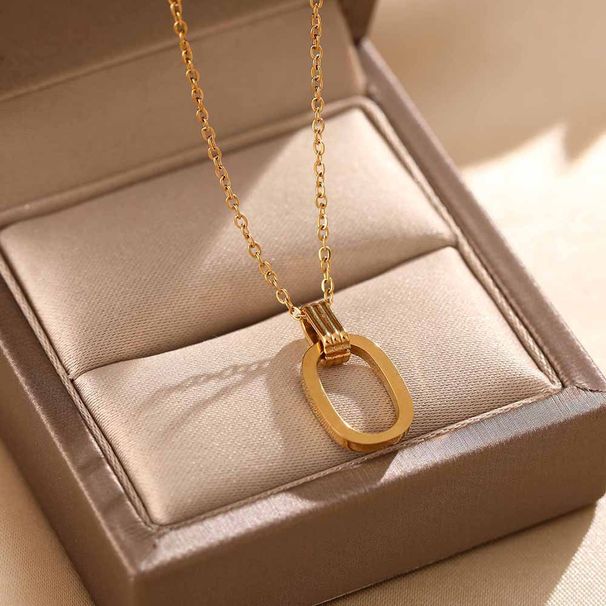 Geometric Dual Ring Pendant Necklace Made Of Titanium Steel For Women, With Unique Design And A Gold Collarbone Chain_ipsvogv.com