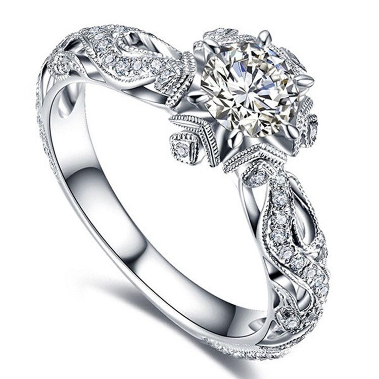 New Fashionable Elegant Flower Pattern Women's Wedding And Engagement Princess Diamond Ring_ipsvogv.com