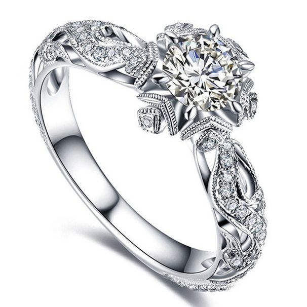 New Fashionable Elegant Flower Pattern Women's Wedding And Engagement Princess Diamond Ring_ipsvogv.com