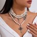 Hip Hop Punk Rose Flower Cross Necklace, Water Droplet Pearl Bead Necklace Set_ipsvogv.com