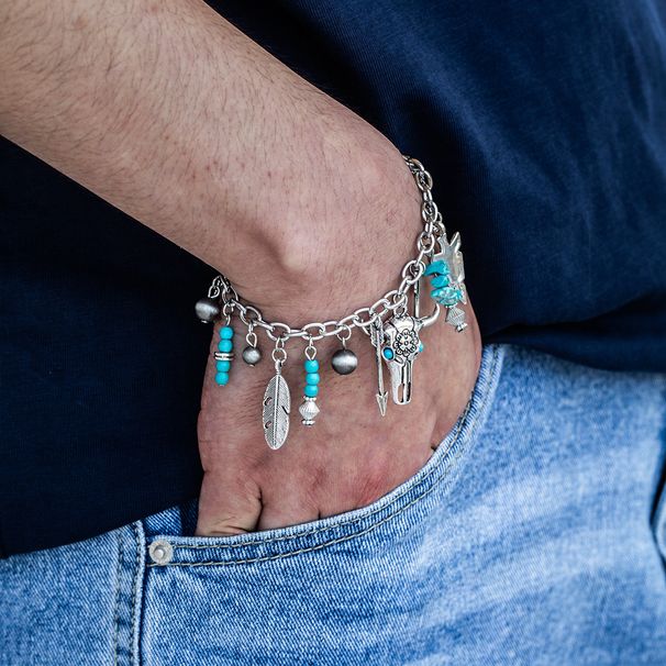 Western Cowboy Style Alloy Bull Head Spearhead Feather Turquoise Beaded Pendant OT Chain Men's Bracelet_ipsvogv.com