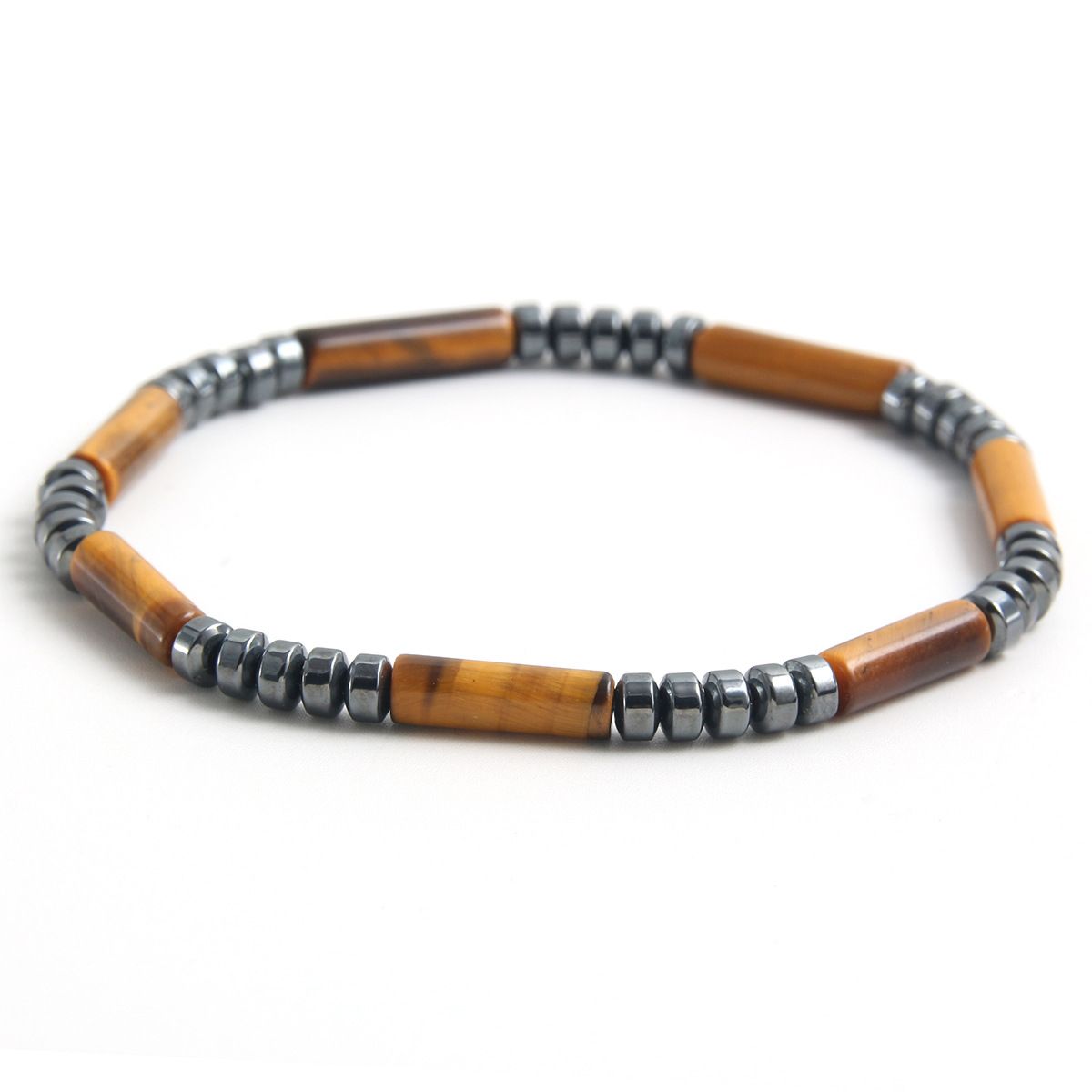 Cylindrical Yellow Tiger Eye Black Chalcedony Natural Stone Beaded Simple Men's Bracelet_ipsvogv.com