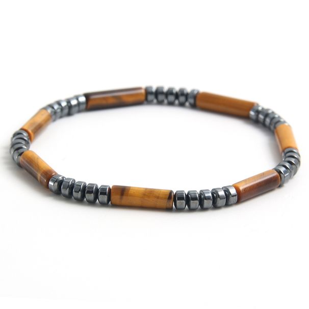 Cylindrical Yellow Tiger Eye Black Chalcedony Natural Stone Beaded Simple Men's Bracelet_ipsvogv.com