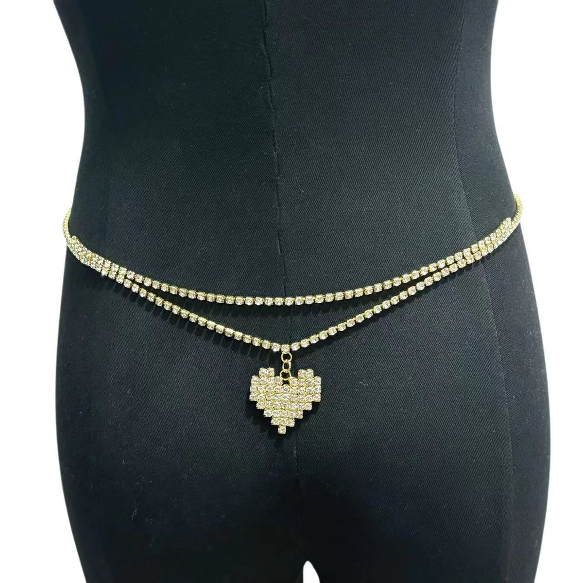 Sexy personality double layer heart pendant waist chain belly dance fashion full diamond belly button body chain accessories_ipsvogv.com