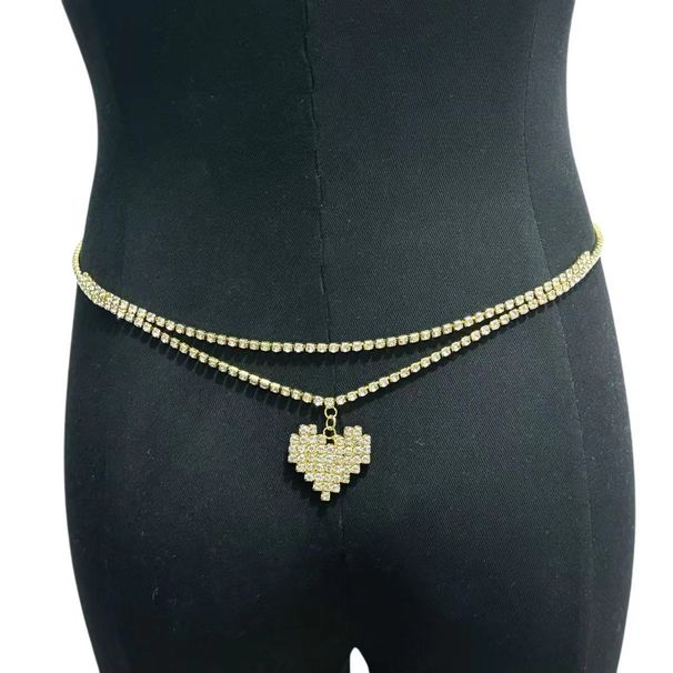 Sexy personality double layer heart pendant waist chain belly dance fashion full diamond belly button body chain accessories_ipsvogv.com